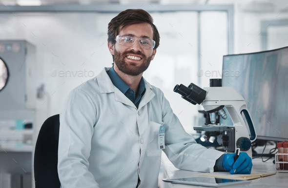 Scientist, portrait and man with science and research in lab for medical innovation or biotechnolog