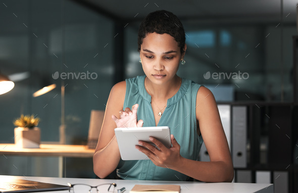 Office tablet, night or black woman typing finance portfolio feedback, stock market database or clo
