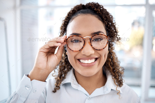 Optometry, smile and portrait of black woman with glasses for eye exam, sight and vision testing at