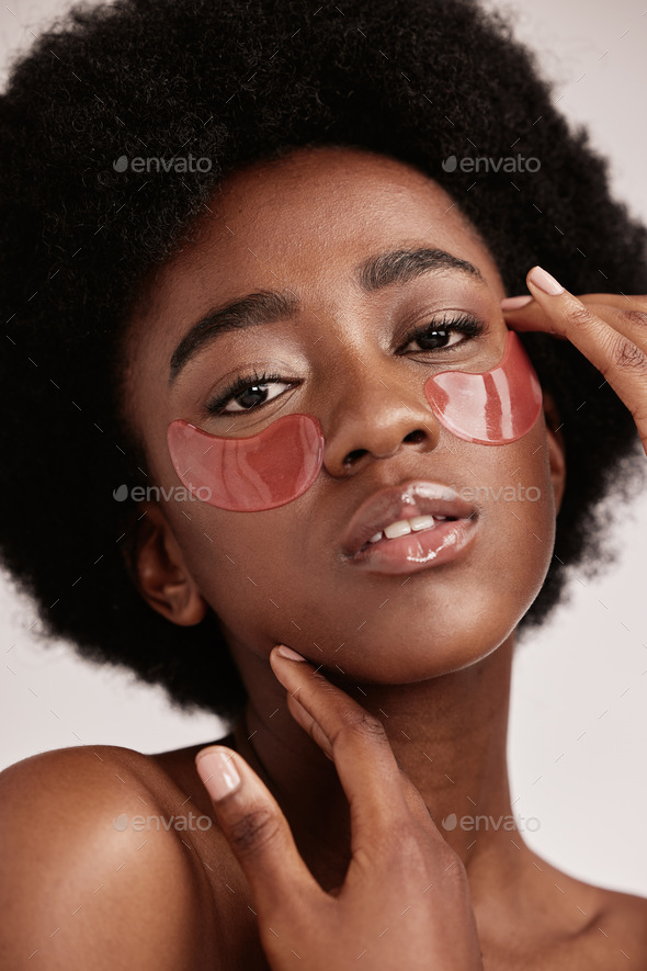 Skincare, eye mask and face portrait of black woman in studio with
