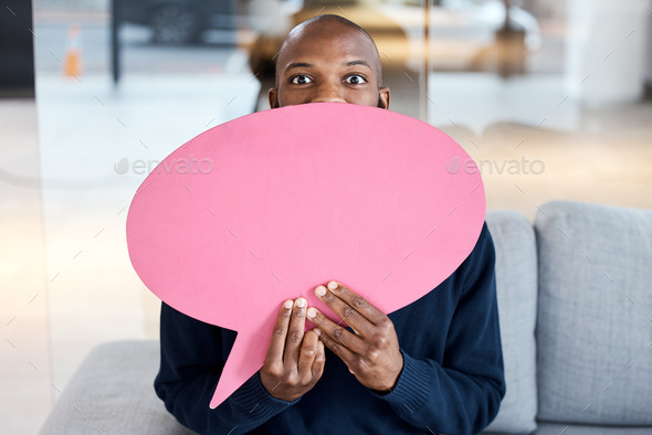 Portrait surprise, wow and black man with speech bubble for social media, vote or review. Mockup, s