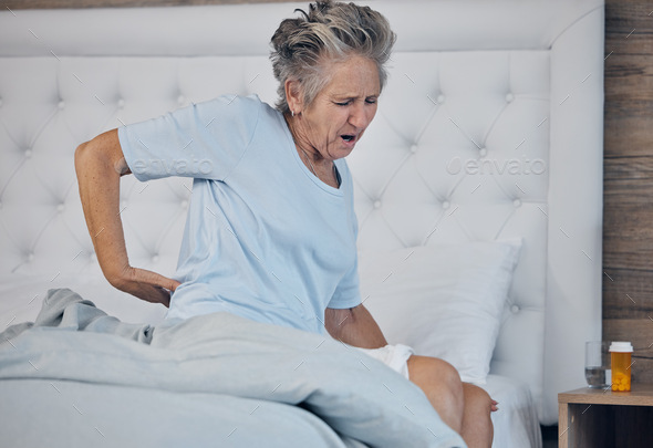 Back pain, elderly woman and health with injury and old age, medical emergency with sick person and