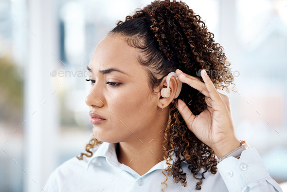 Hearing aid, black woman and deaf ear and technology device to listen, communication and support. F