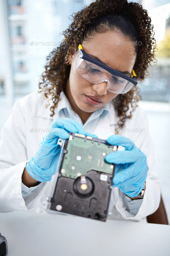 Computer hardware, inspection and black woman electrician with electronic cpu, circuit and microchi