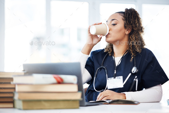 Medical student, laptop or drinking coffee in hospital studying, education books research or wellne