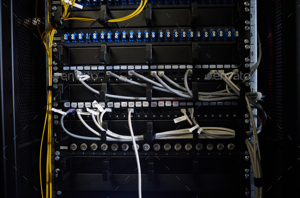 Cables, wires or server room maintenance in engineering, software programming or cybersecurity IT.