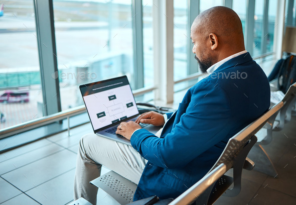 Travel, laptop and serious with black man in airport for planning, vip lounge and communication. Re