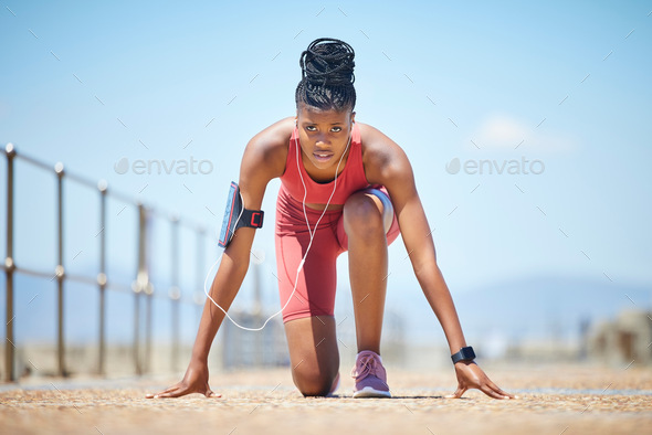 Portrait, start and black woman with race, training and healthy