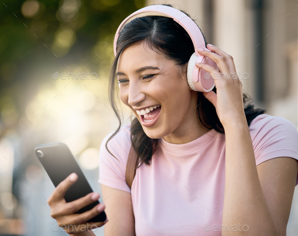 Headphones, music or video call by woman in city for travel, happy and smile on building background