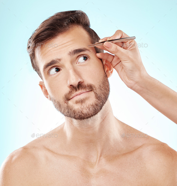 Hair removal, eyebrows and grooming with man and tweezers for beauty, hygiene and self care. Cosmet