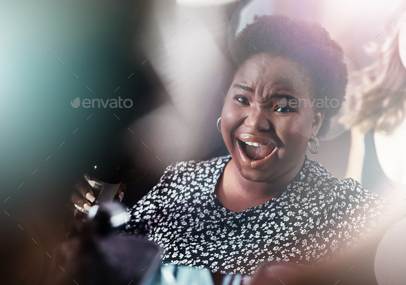 Black woman, wow or surprise face in party, nightclub event or bokeh disco in birthday celebration,