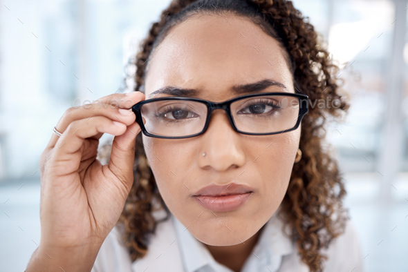 Optometry, glasses and portrait of black woman for eye exam, check sight and vision testing. Optome