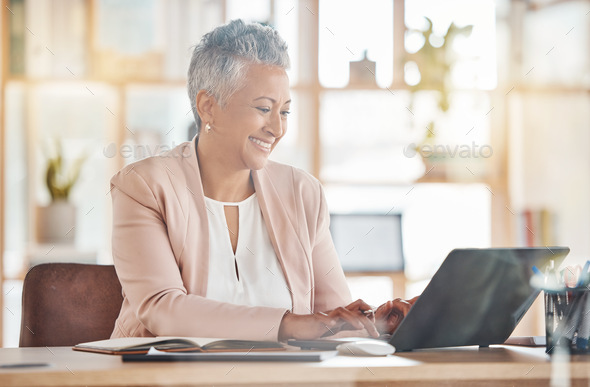 Happy, accountant or woman on laptop search for financial strategy, tax or audit review for company
