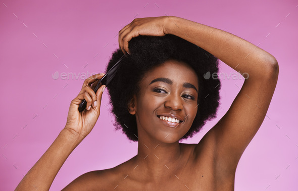 Black woman, hairstyle and afro brush on beauty studio background in ...