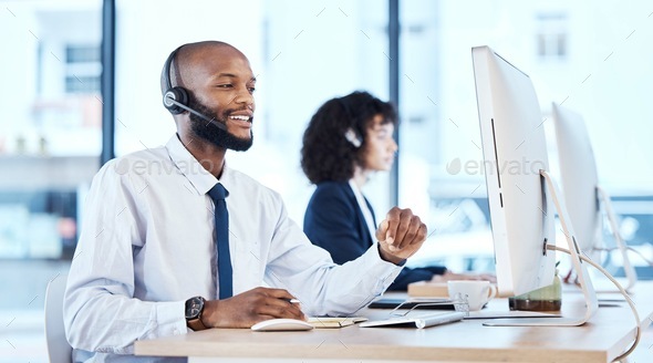 Callcenter, customer service or black man on computer for customer support, consulting or networkin