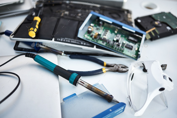 Tools, computer hardware and equipment in the office for tech repairs, maintenance or upgrade. Data