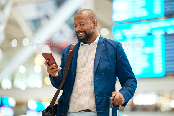 Black man in airport with passport, ticket and smile happy travelling to foreign country for busine