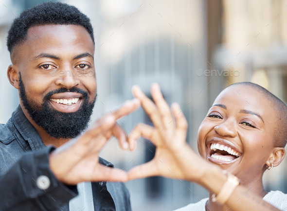 Love, heart hands and smile with portrait of black couple in city for support, trust and romance. W