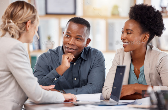 Black couple, financial advisor and investment planning meeting with bank documents and contract. A