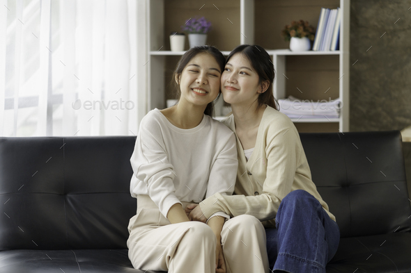 Happy Lgbtq Asian Lesbian Couple Two Asian Girls Show Their Love By