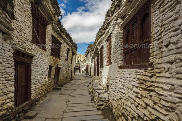 Beautiful shot of Marpha village's narrow street in Nepal Stock Photo ...