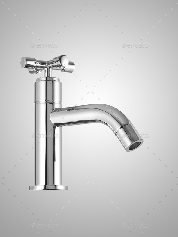 Silver basin mixer isolated on a gray background