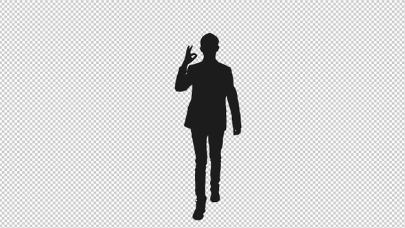 Silhouette of Young Business Man Moving Forward and Showing Okay Sign, Alpha Channel