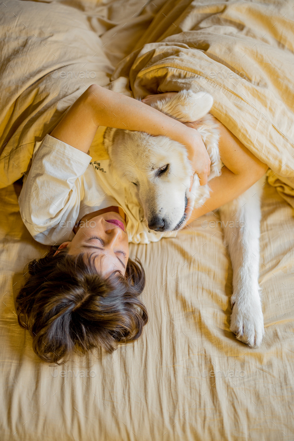 Woman sleeps with her cute dog in bed Stock Photo by RossHelen | PhotoDune