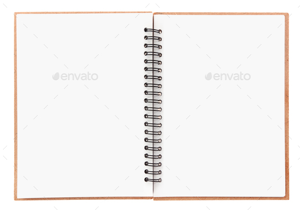 Flat lay of open blank empty spiral sketchbook notebook textbook