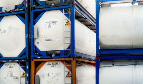 Chemical tank container. ISO tank container for chemical delivery. Bulk liquid transport. Chemical
