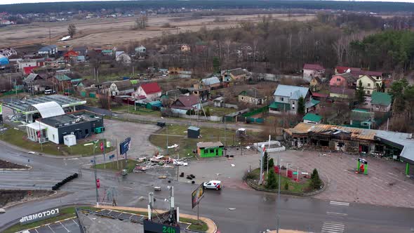 Aerial view of gas stations and other buildings destroyed by rocket attacks by Russian troops.