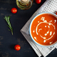 Сream soup of tomatoes and pepper. Hot tomato soup in bowl. Top view - PhotoDune Item for Sale