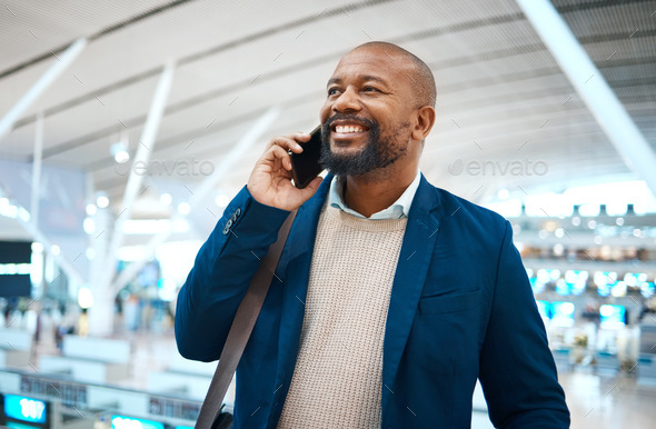 Black man, airport and business call with a smile ready for plane travel and global work. Mobile co