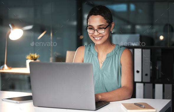 Office laptop, night and black woman reading finance portfolio feedback, stock market database or e