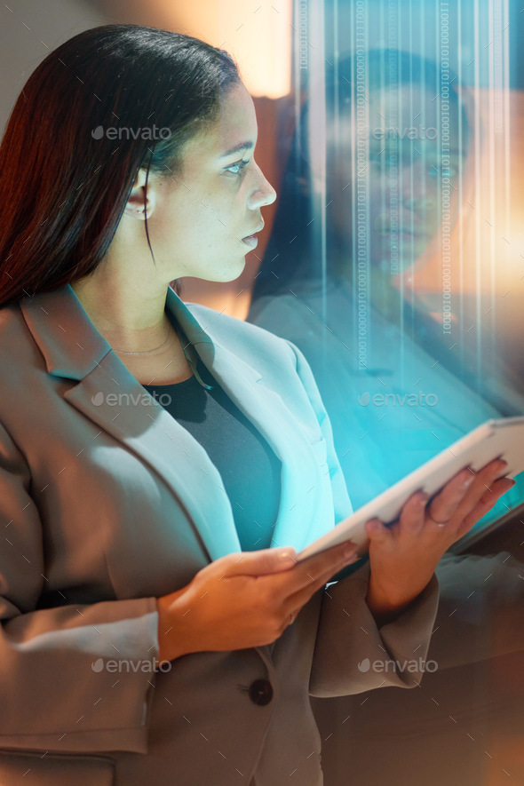 Code overlay, business woman and tablet data of a it worker with crypto coding and programmer work.