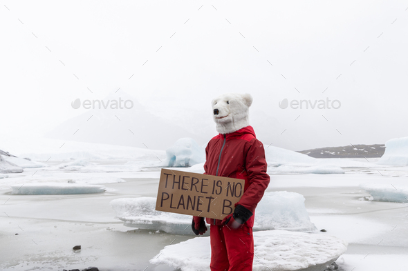 Activist with a polar bear mask holds up a banner There is no planet B, next to a glacier