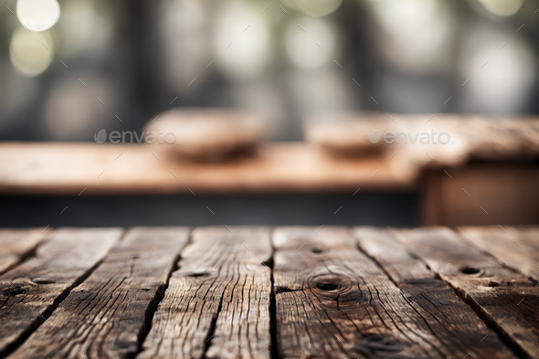 Grunge brown wooden table and blurry background. Illustration. - Stock Photo - Images
