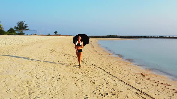Girls best friends on exotic resort beach voyage by shallow lagoon and white sand background of Koh  alt