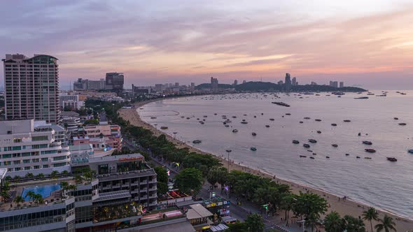 4K time lapse Aerial top view of of Pattaya beach in evening  alt