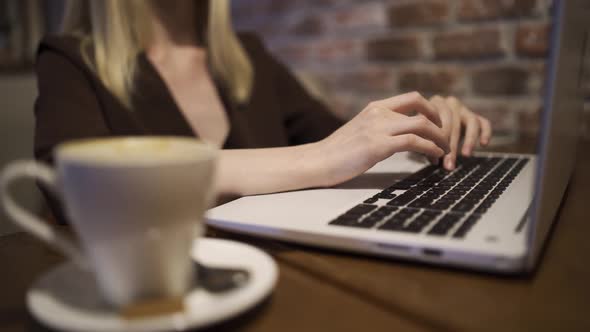 Graceful Female Hands are Typing Text on a Laptop Keyboard in a Cozy Cafe