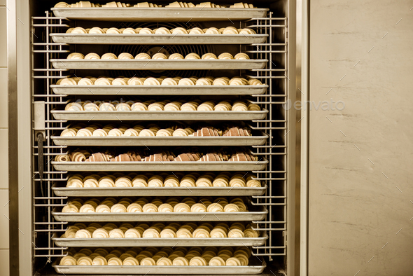 various raw croissants on shelves in industrial oven