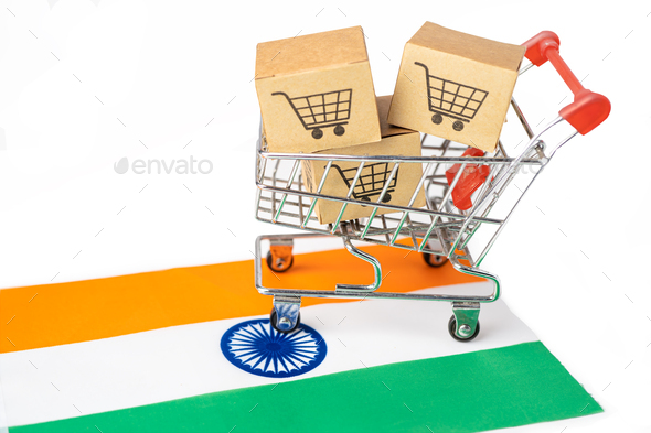 Box with shopping cart logo and India flagImport Export Shopping online