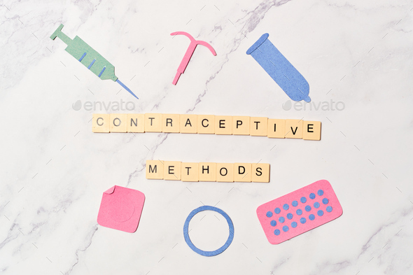 Set of contraceptive methods, sex education concept.