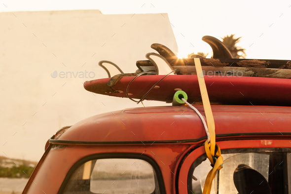 surfing retro car with surfboards - Stock Photo - Images
