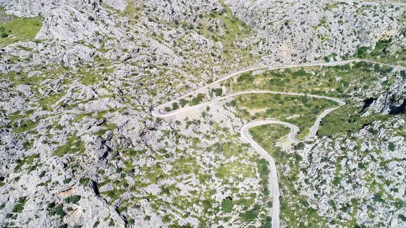 Aerial View Winding Serpentine Road at Mallorca Isle