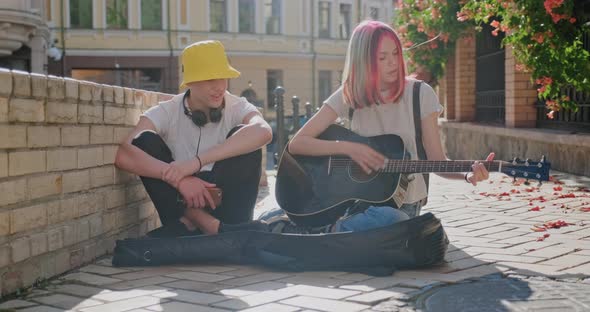 Boy Teenage Girl Acoustic Guitar City Street Girl Playing Guitar Singing Friend alt