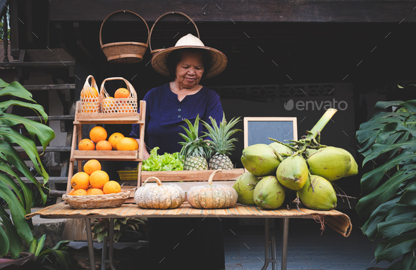 Asia vendor selling fruits at the farm stay, Homestay at Thailand Loei