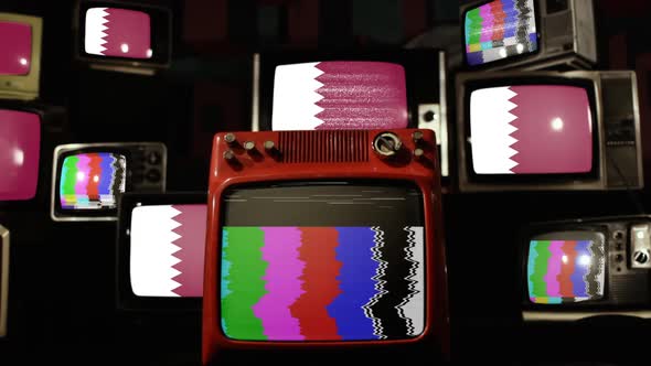 Qatar flag on a Retro TV Wall. alt