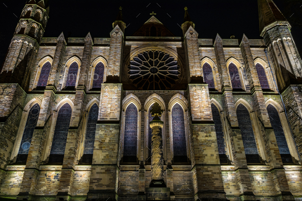 Scenic view of the Durham Cathedral in Durham, England during nighttime - Stock Photo - Images
