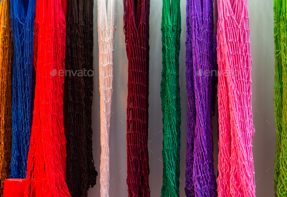 Row of colorful nets displayed on a store